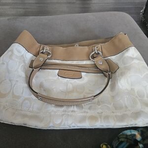 Coach Cream and Tan Shoulder Bag
